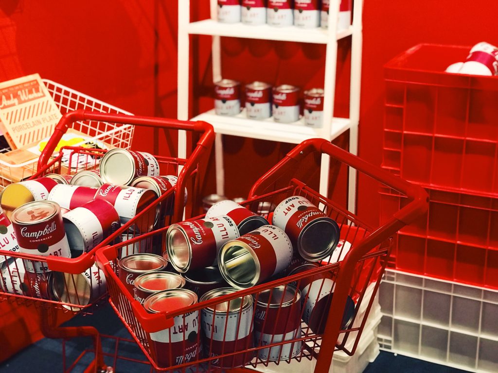 shopping carts of canned food at food pantry